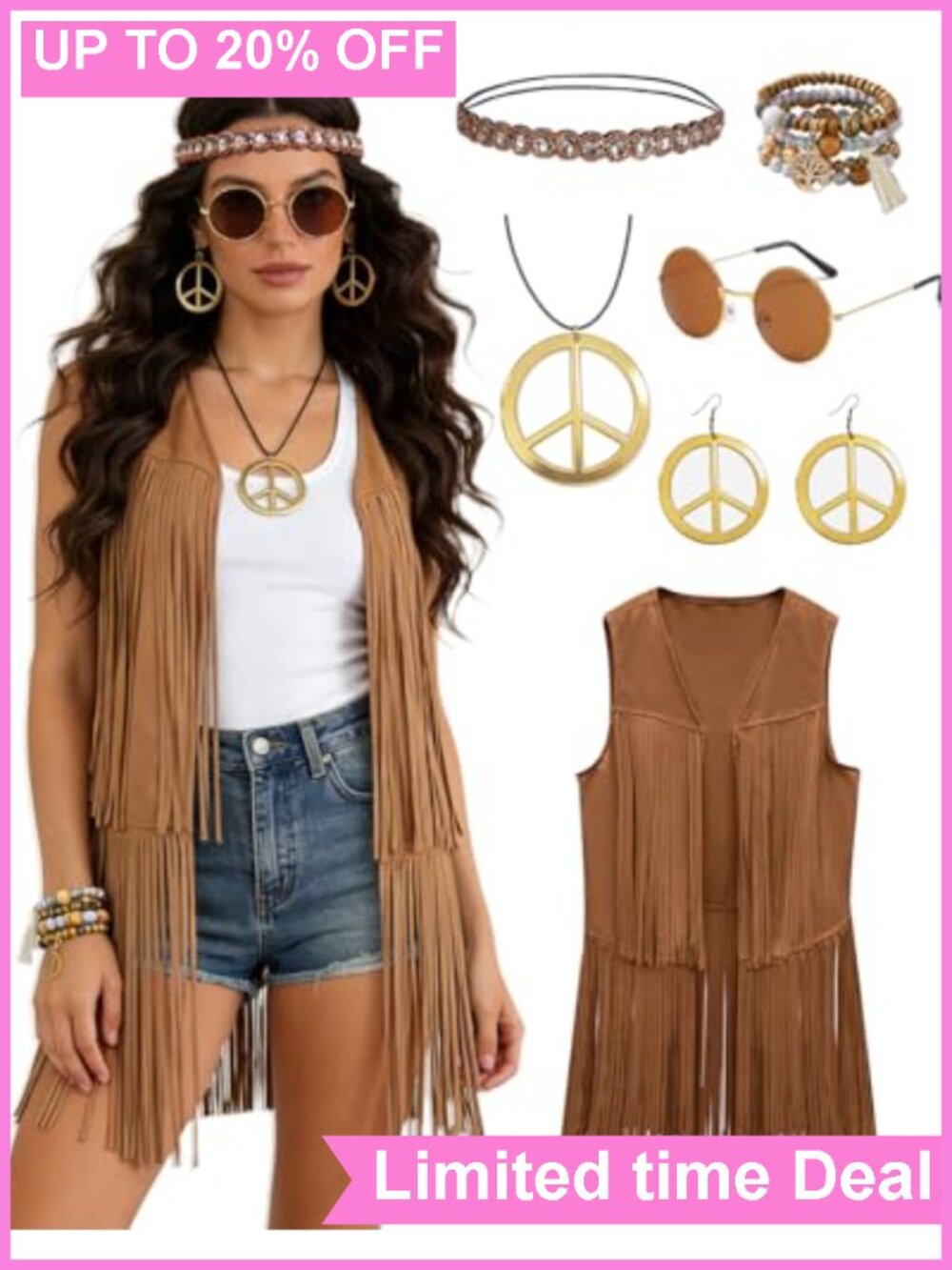 Hippie Costume Set Fringe Vest Headband Necklace 60s 70s
